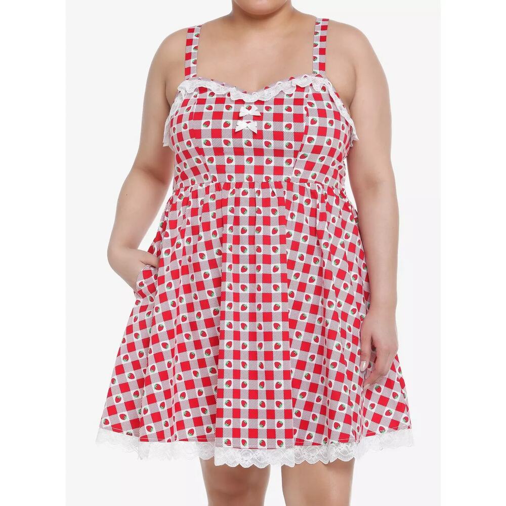 Sweet Society Hot Topic NEW Strawberry Gingham Sweetheart Sun Dress Lace Trim 3X